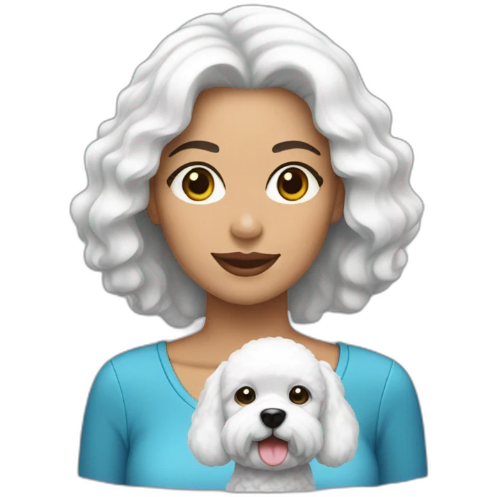 mujer piel blanca pelo negro con perro bichon blanco emoji