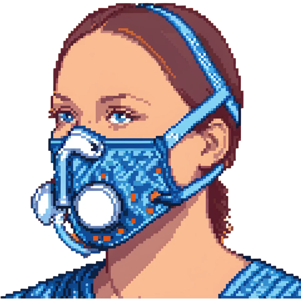 Pixelated blue VO2 max face mask with breathing tubes and valves, no person emoji
