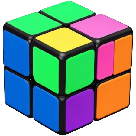 A 3x3 Rubik's Cube with fluorescent colors: glowing green, radiant pink, brilliant blue, luminous yellow, vivid orange, intense purple, minimalist iOS emoji style emoji