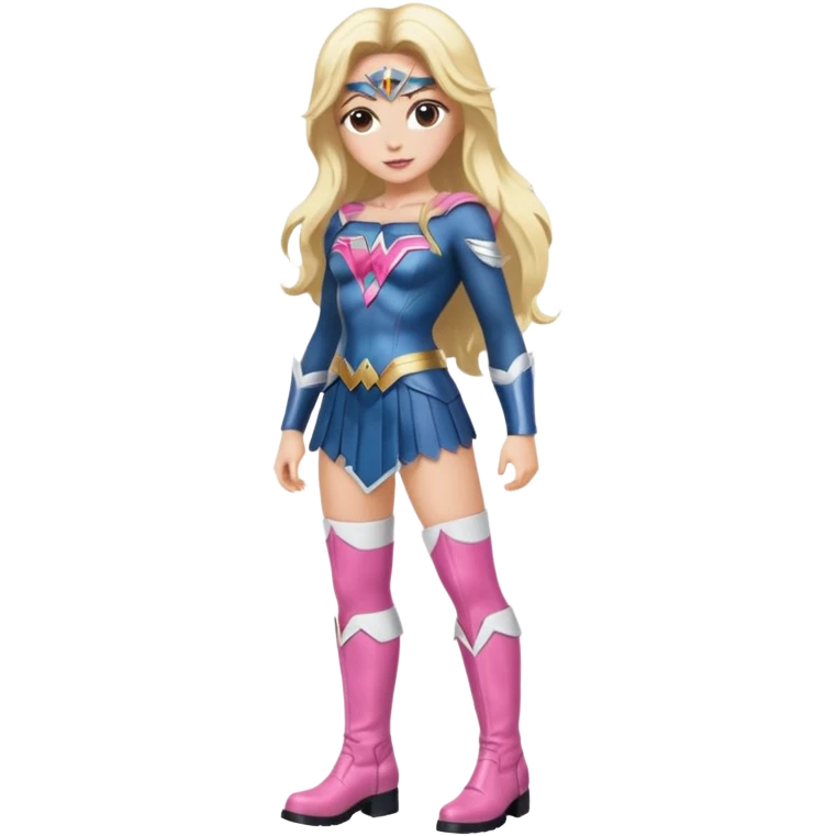 Wonderwoman, long blond hair with pink highlights, black-pink leather outfit, white knee high boots emoji