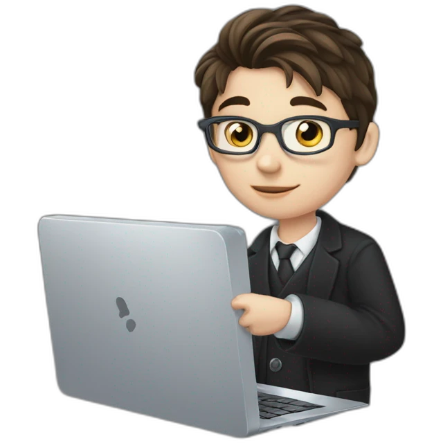 Pc in hands, works on pc, Blue eyes, Classy programmer, 13 years old, coat, formal outfit, pc in hands, brunette boy, uses pc stays on pc, black coat, has pc in hands, all body see emoji