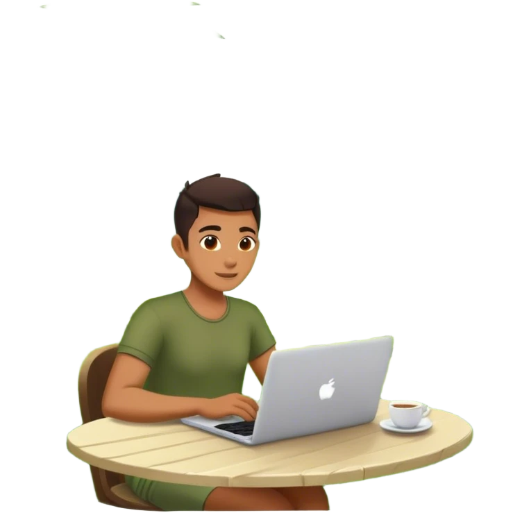 A digital nomad sits at a café in Bali, working on a laptop surrounded by lush green rice terraces and swaying palm trees emoji