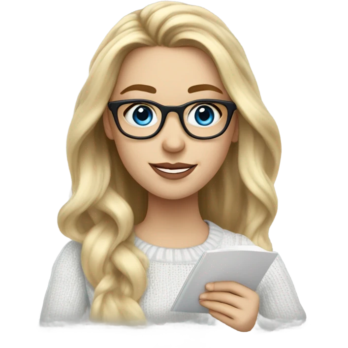 Blonde balayage long hair white women sweater blue eyes and small glasses holding note pad and pen emoji