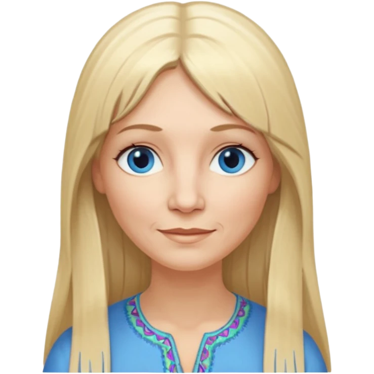 50 yr old white woman, hippe part bangs, very long straight blond hair, oval face, small smile, blue eyes, thin face, hair downback, hair parted at center of head, round cheeks, pale, longer hair emoji