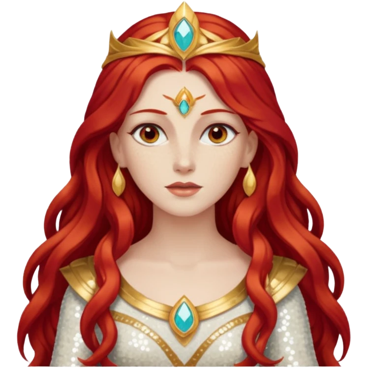 Minerva, Goddess of Wisdom from Gods and Goddesses with long red hair, ivory sequin outfit emoji