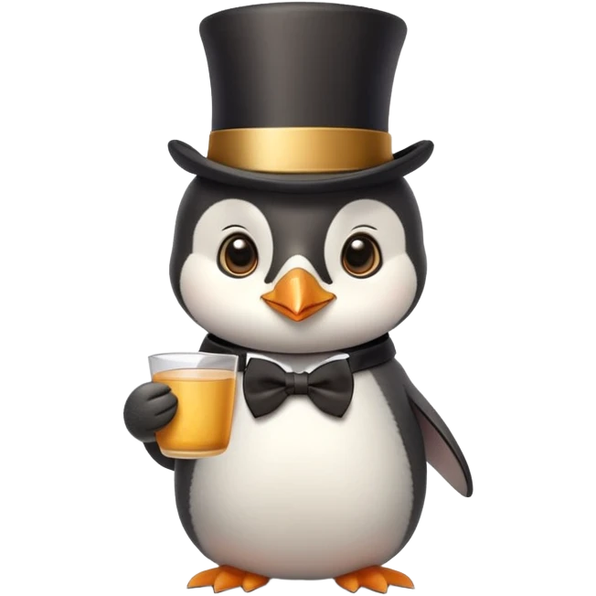 Cute baby penguin holding a cup of tea, a top hat, an elegant bowtie and a gold monocle emoji