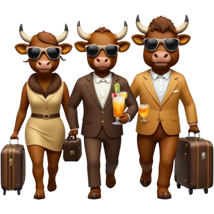 generate an emoji of a group of up to 8 male and female bulls travelling together on holidays. One bull has a suitcase, one has sunglasses, one is carrying a cocktail. They're all in motion, walking together. Make the characters look like bulls emoji