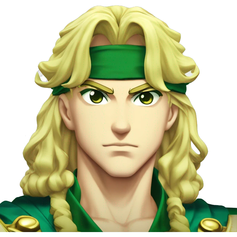 Dio Brando from "JoJo's Bizarre Adventure: Stardust Crusaders" has long blond hair, piercing eyes, and a sharp, angular face. He is tall and muscular, often seen wearing a flamboyant yellow outfit with green motifs and a headband. 




 emoji