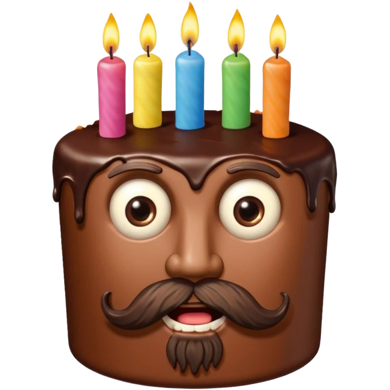 chocolate birthday cake with eyes and candles and beard emoji