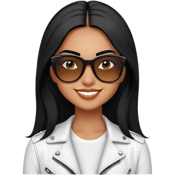 beautiful fit woman, with long straight black hair, with make up, black eye liner, smile mooth close, mexican, brown skin, wearing white tee, wearing leather black jacket, solar wayfarer on the tip of the nose, flirting emoji