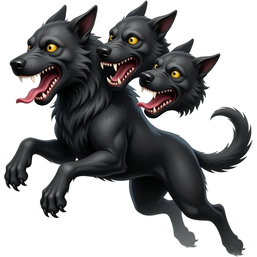 cinematic - cerberus, a three-headed creepy black hellhound in a jump, in smoke, tattooed emoji