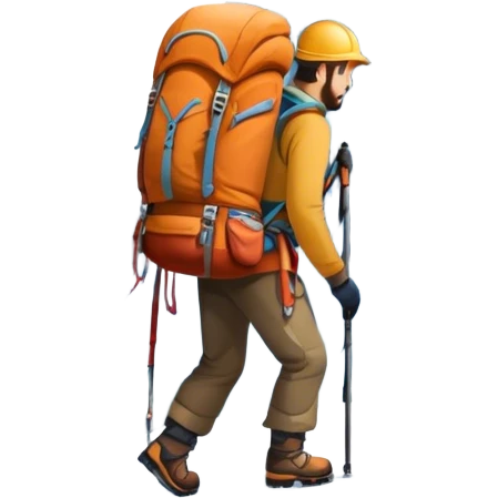 Icon for Mountain Tourism and Climbing: a mountain peak in the background, climbing gear and backpack. The icon should capture the adventure and challenge of alpine exploration. Transparent background. emoji