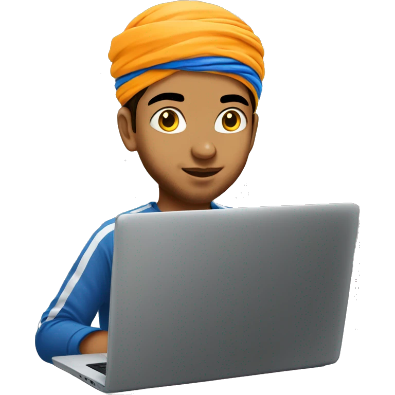 a young sikh boy oimg coding on laptop, emoji