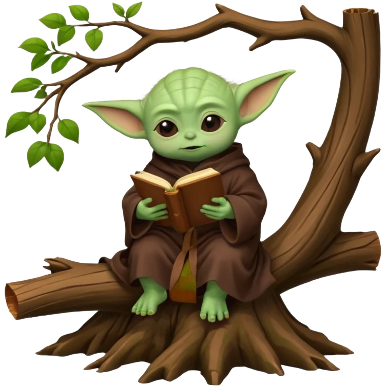 Baby Yoda con su tunica chocolate leyendo en un bosque sentado en una rama caida de un arbol emoji