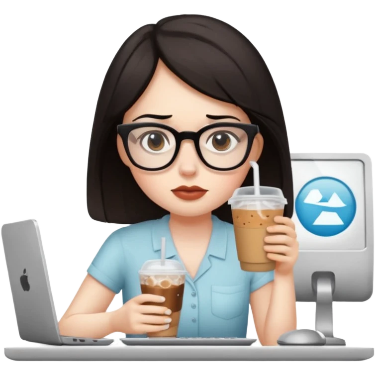 컴퓨터 작업 중 + 아이스 아메리카노(테이크아웃 잔)링거 + 다크서클 + 검은머리 여성 emoji