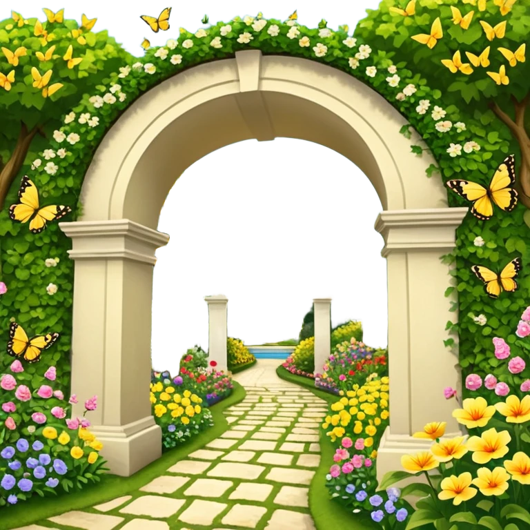 Still life, picturesque highly detailed garden adorned with diverse, vibrant flowers in full bloom, an archway in the center, lots of detailed yellow butterflies, lush trees masterpiece,  dpi 300, 8k. emoji