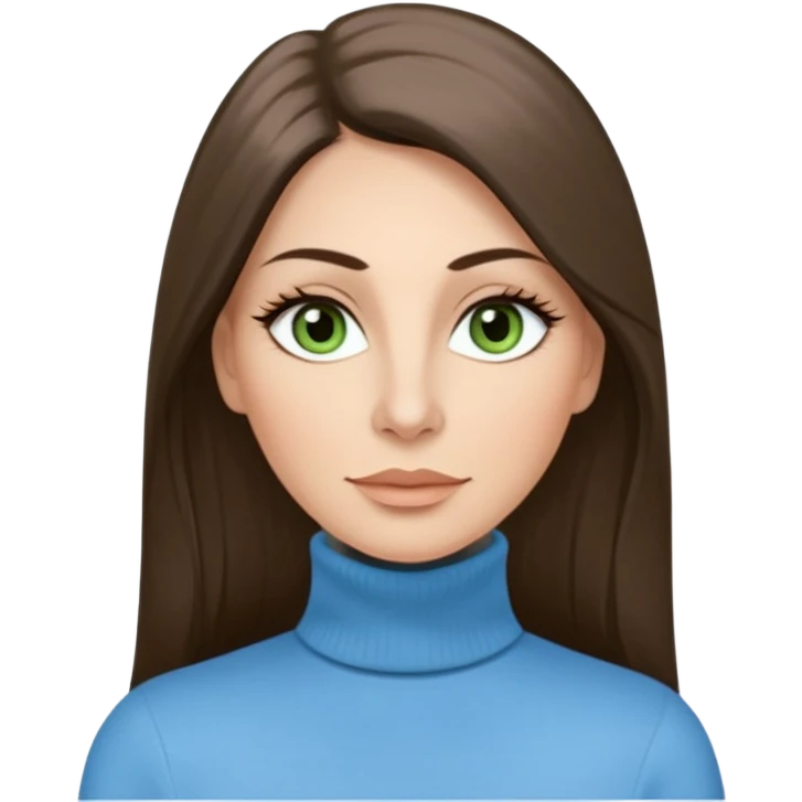 43 year old Adult woman avatar, light skin tone, long, oval face, long straight ashy brown hair, green almond-shaped eyes with dramatic eyelashes and minimal eyeliner, neutral mouth, medium straight eyebrows, average nose, smooth skin,  sky blue turtle neck  emoji