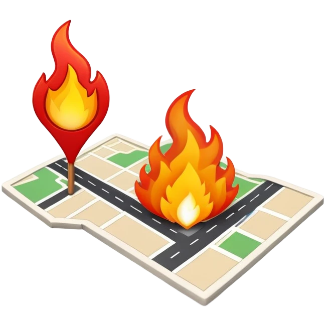 A map location pin marker on fire with flames coming out the top emoji