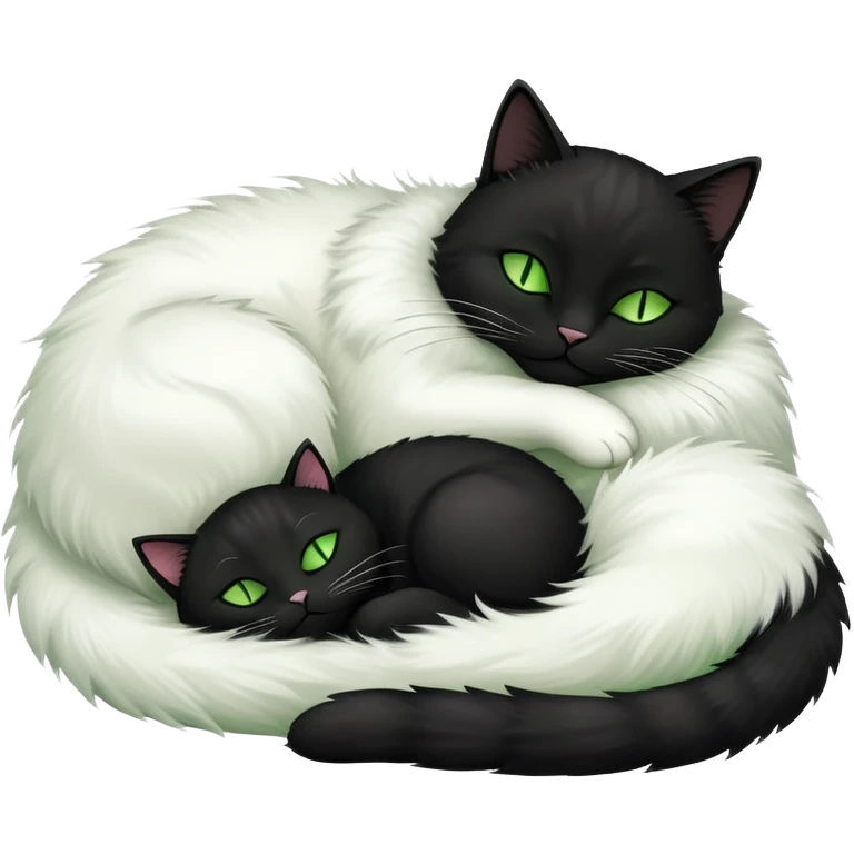 Big black cat with green eyes is sleeping with a small white cat emoji