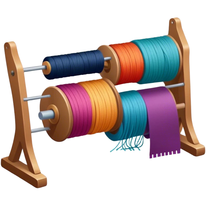 Weaving icon, spools of yarn, fabric swatches, sewing patterns, and finished clothes, minimalistic style, clean lines, transparent background. emoji