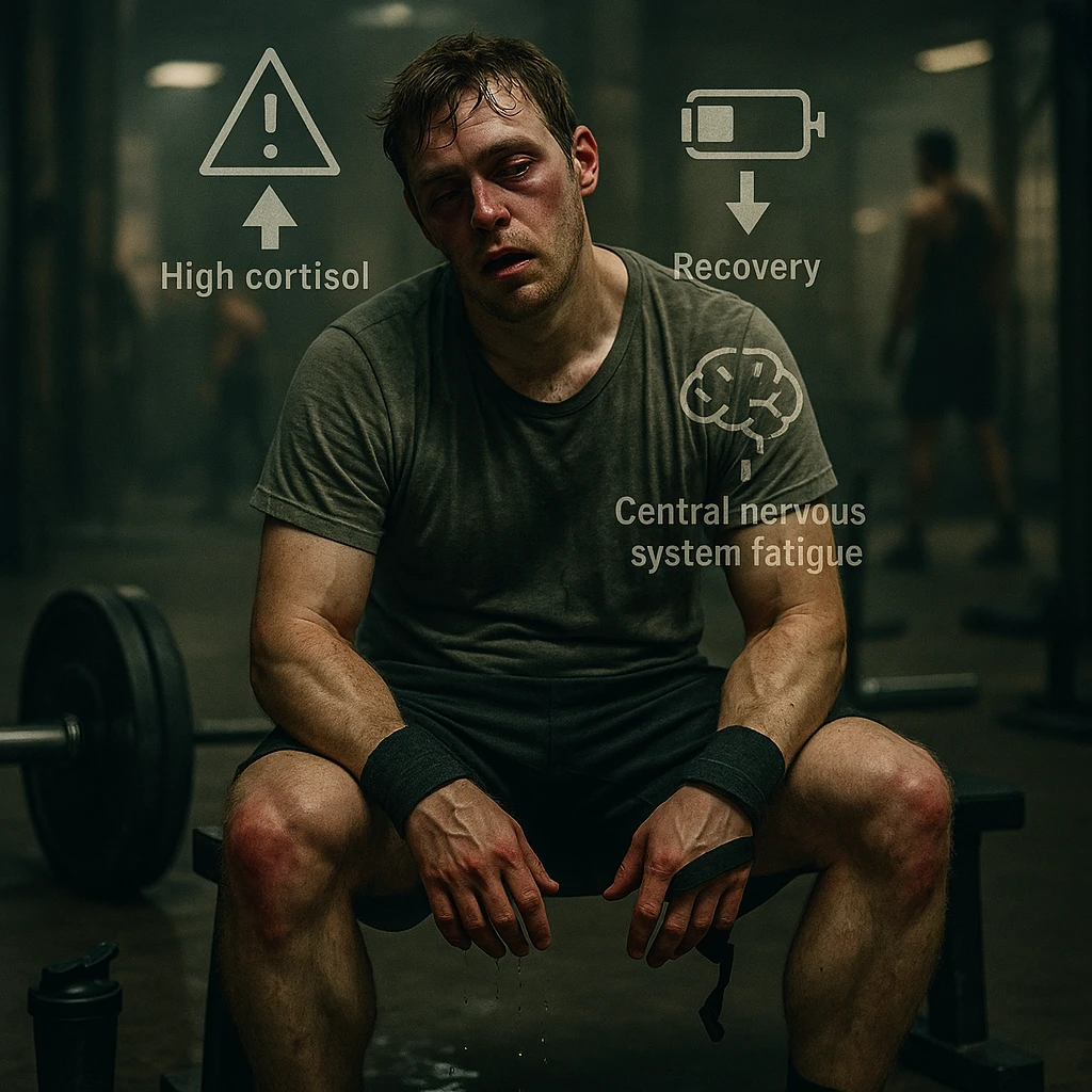 Cinematic raw style image of a 30-year-old man with a sweat-soaked t-shirt collapsed on a bench in a dimly lit industrial gym. Expression of total exhaustion: half-closed eyes, pale and reddened face, deep dark circles. Muscles visibly inflamed, red tendons on knees and elbows. Around him: loaded barbell abandoned, protein shaker on the floor, half-removed wristbands. Sweat dripping on the floor. Background: industrial gym with blurred figures continuing to train. Overlaid symbols: high cortisol, low recovery, central nervous system fatigue. Muted colors, dramatic lighting emphasizing fatigue and overtraining. emoji