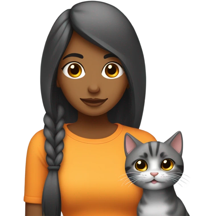 chica pelinegra con un gato gris con subtono naranjo  emoji