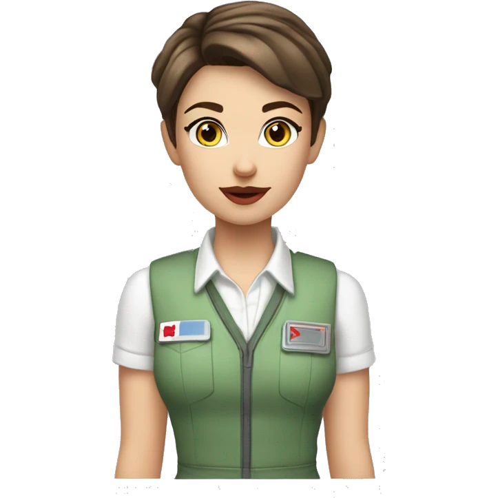 A brunette girl with a pixie cut, she has light pink lips, is white, and hazel blue eyes, she wears a light green shirt, a white vest over, and a light red choker. She is a field medic emoji
