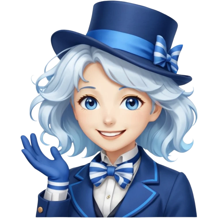 Beautiful gorgeous anime lady with white wavy hair with thin blue stripes, blue eyes, blue short top hat with a blue bow tie, smug smile, laughing, happy, blue coat, blue cravat, white gloves emoji