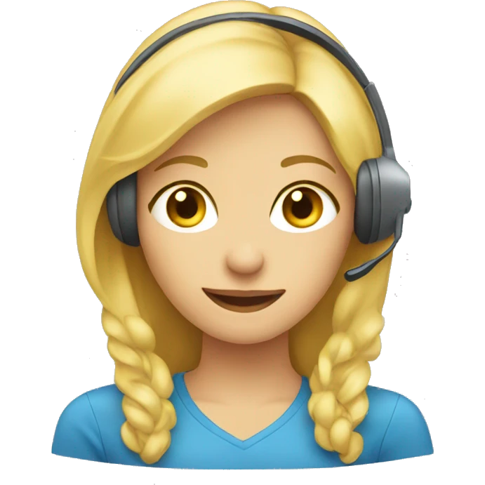 blonde woman call center, blue tshirt emoji