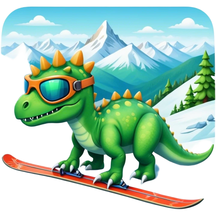 Ski goggles and skis on a dinosaur in mountains  emoji