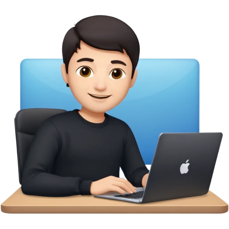 memoji of a man with a laptop, apple-style, modern, dark hair, black sweater, Indian fair skin, small cute smile, computer in hand, sitting at his desk, light blue gradient background emoji