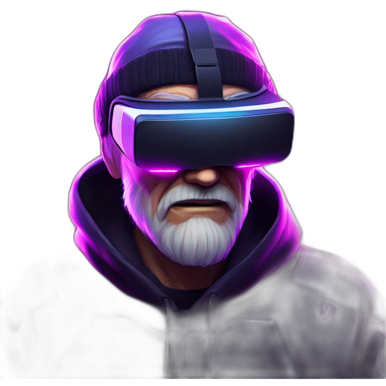 Russian old man wearing a black hoodie with "OMG" letters on it and VR headset in a cyberpunk VR environment with violet neon lighting. emoji