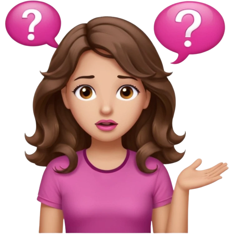 girl with long wavy brown hair, brown eyes, light to medium complexion, in a pink shirt, pink lips, long lashes, shugging, question mark one speech bubble emoji