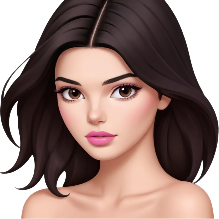 Kendall Jenner model, elongated face, long flowing dark hair, pink glossy lips, pink blush on cheeks, bare shoulders emoji