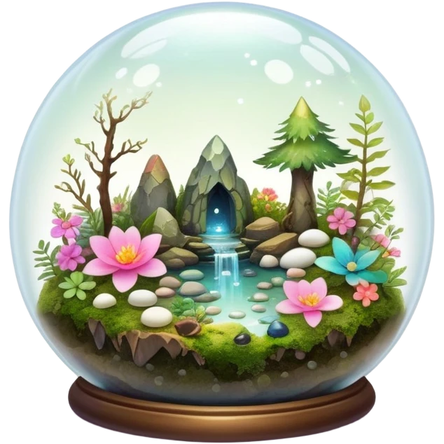 Sparkly shiny iridescent Mystical woodland glass-dome-terrarium-globe with moss inside, with marbles, with pebbles, crystals, with bones inside, and flowers inside  emoji