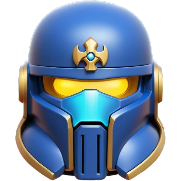 Clash of Clans aesthetic: Cinematic Playful Space Marine Helmet Emoji, rendered in a 3D vector-style similar to standard emojis with minimal shading and bold, simplified shapes. A compact, heroic isometric helmet with futuristic, armored detailing and a glowing visor, softly glowing with a battle-ready cosmic charm. Simplified yet unmistakably iconic, highly detailed and consistent, glowing with a soft radiant shine and high gloss. Stylized with a touch of interstellar valor and a soft glowing outline, capturing the essence of an elite warrior’s helm with a friendly, playful spirit! emoji