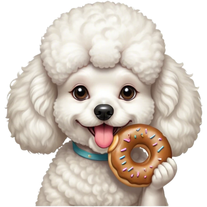 French poodle blanco tamaño mediano hembra con una dona en la boca, mordiendo la y todo el cabello esponjoso sin ningún corte de ningún estilo, sin copete emoji
