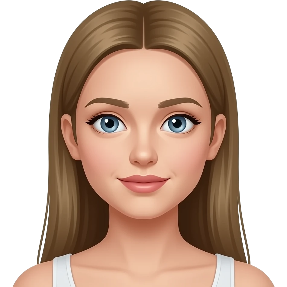 meisje met donkerblond, stijl haar achter haar oren en blauw/grijze ogen. Best volle lippen emoji