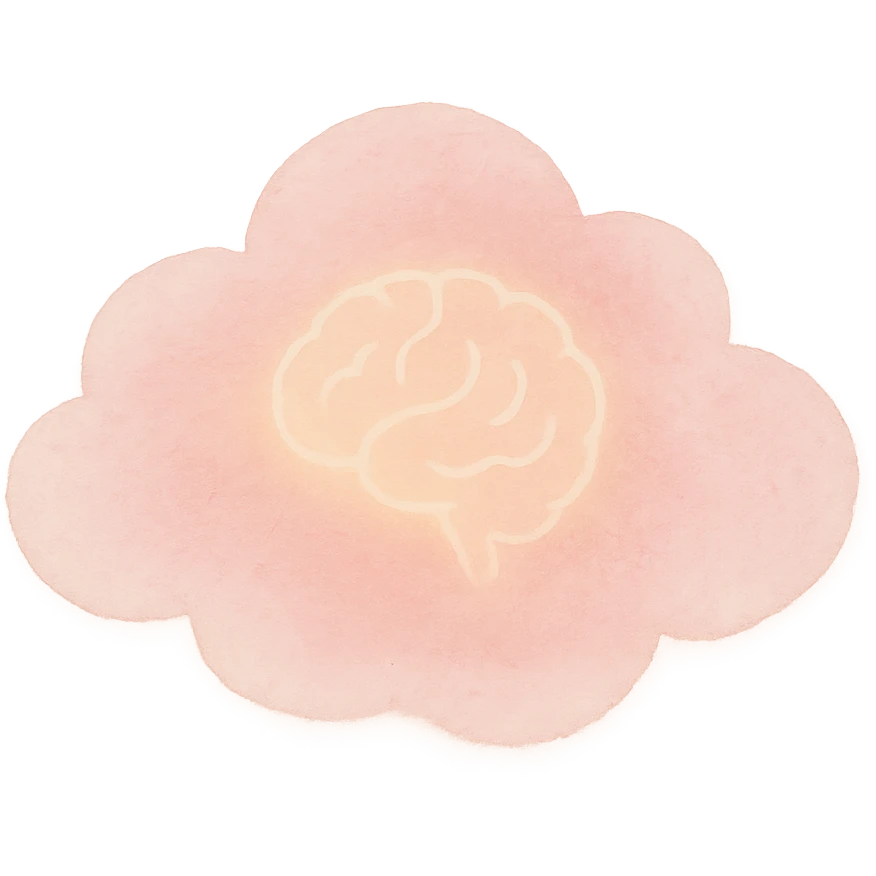 small ethereal dreamcore emoji of a soft pastel pink cloud with subtle luminous internal glow, faint glowing brain outline inside, soft contemplative slightly enigmatic feel, watercolor texture emoji