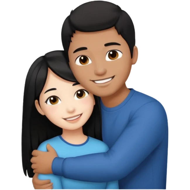 Asian guy with brown skin, short black hair, and a Asian girl with white skin and long black hair hugging  emoji