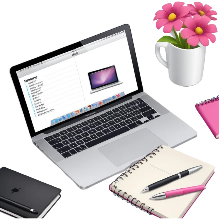 top view of a MacBook and a notebook with a pen nearby, notebook with visible notes, MacBook screen showing a beauty salon logo emoji