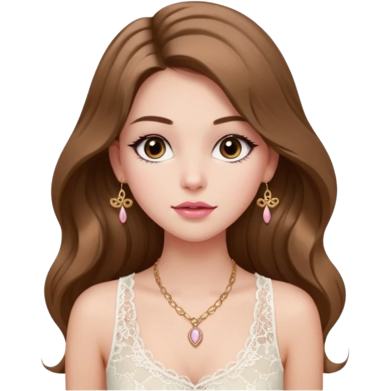 fair-skinned girl with dark brown, slim shaped eyes and long lashes. long, light brown hair styled in a voluminous, wavy blowout. wearing a delicate white lace tank top and a dainty gold necklace, plump pink lips. emoji
