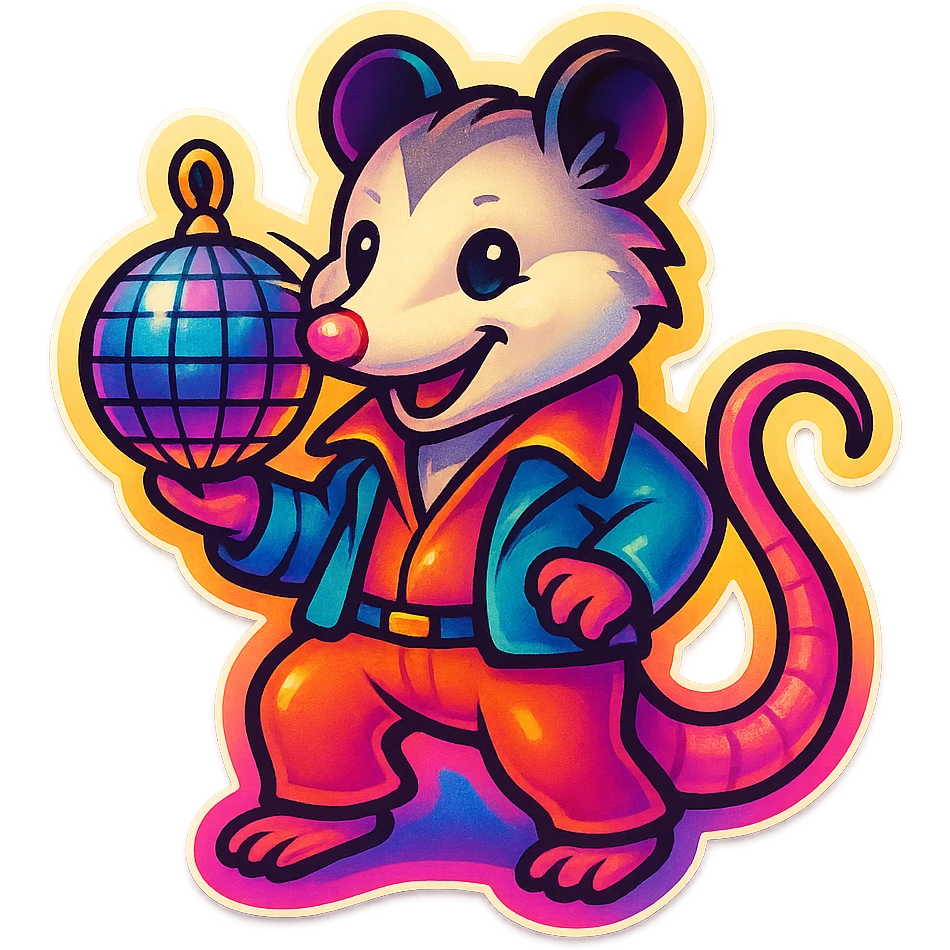 cute cartoon possum dressed up for the disco with a disco ball, sticker-like style emoji