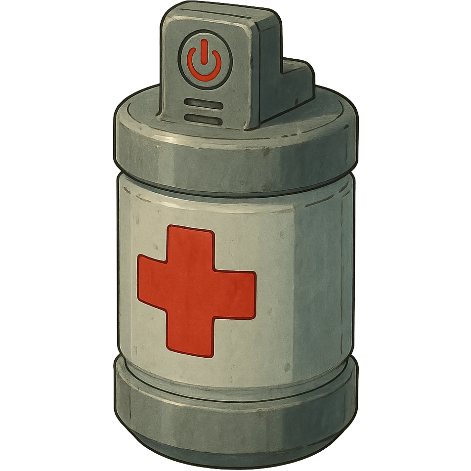 the image is the icon for a videogame insta-use item, it is a medpack- fututistic cyberpunk- resembles a canister with deadswitch, medical military clean plastic, opaque container, wide cylinder  emoji