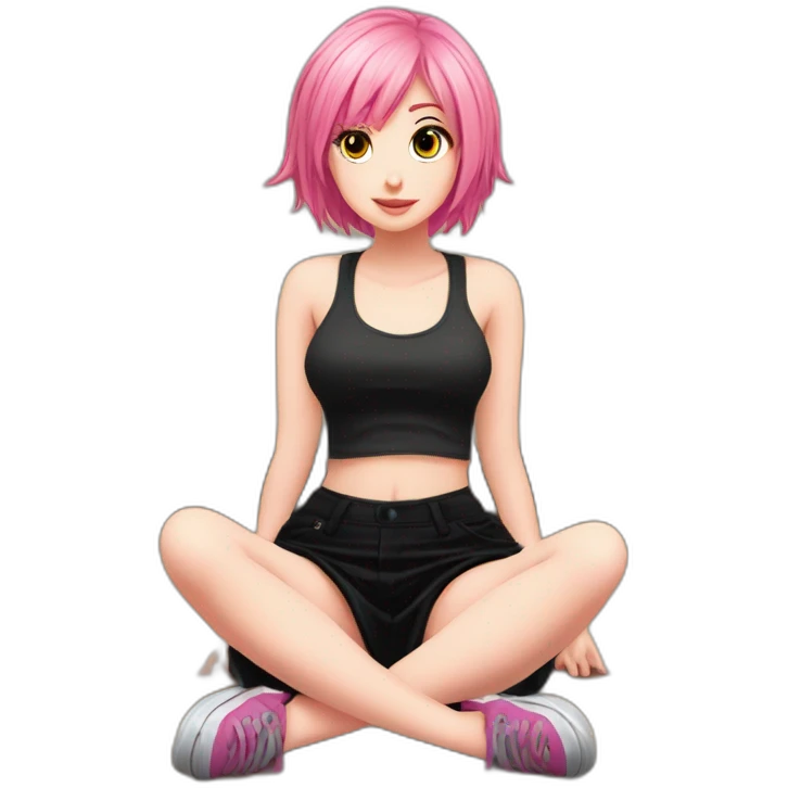Full body Front view curvy emo girl pink hair sits on the floor straight view hands up black skirt полосатые рваные чулки emoji