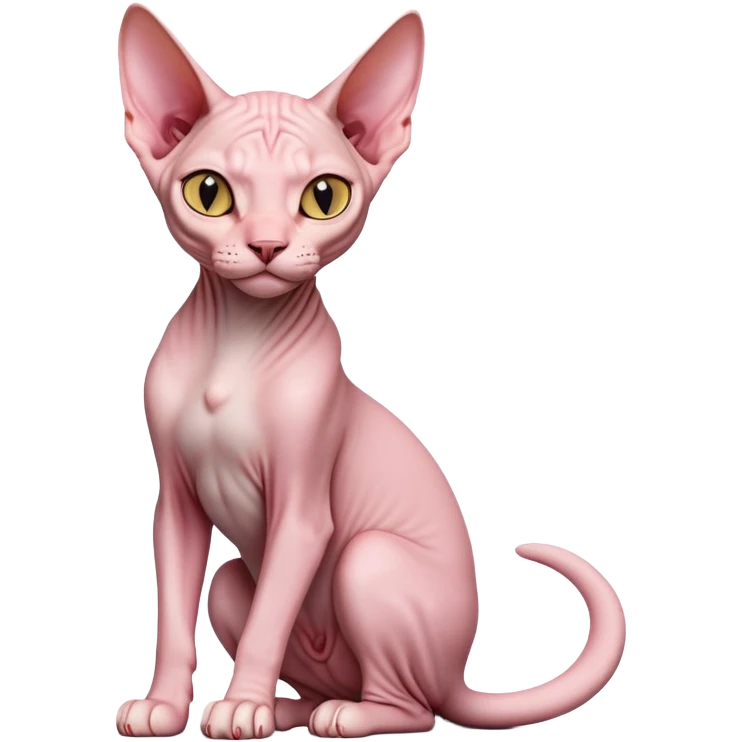 cinematic-[sphynx cat]-realistic-full-body-sitting-emoji,-tail-curled-playfully-around-its-paws,-head-tilted-dramatically,-sleek-[pink]-skin,-simplified-yet-realistic-focused-features,-highly-detailed,-glowing-with-an-almost-sarcastic-glow emoji