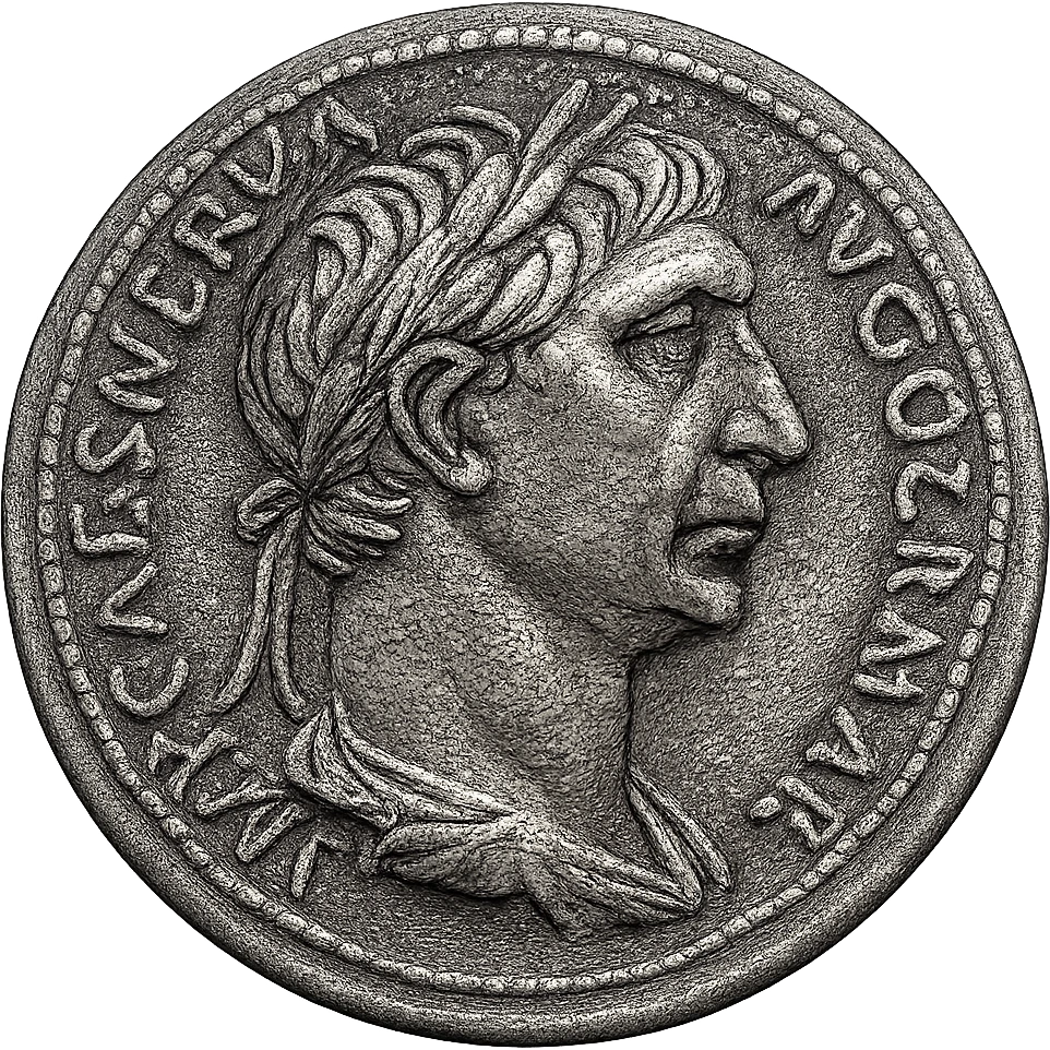Make an imperial coin icon based on the reference image, but with a different emperor's profile, ancient engraving look, strong lines, transparent background. Keep the classic Roman engraving style and detailed profile features. emoji