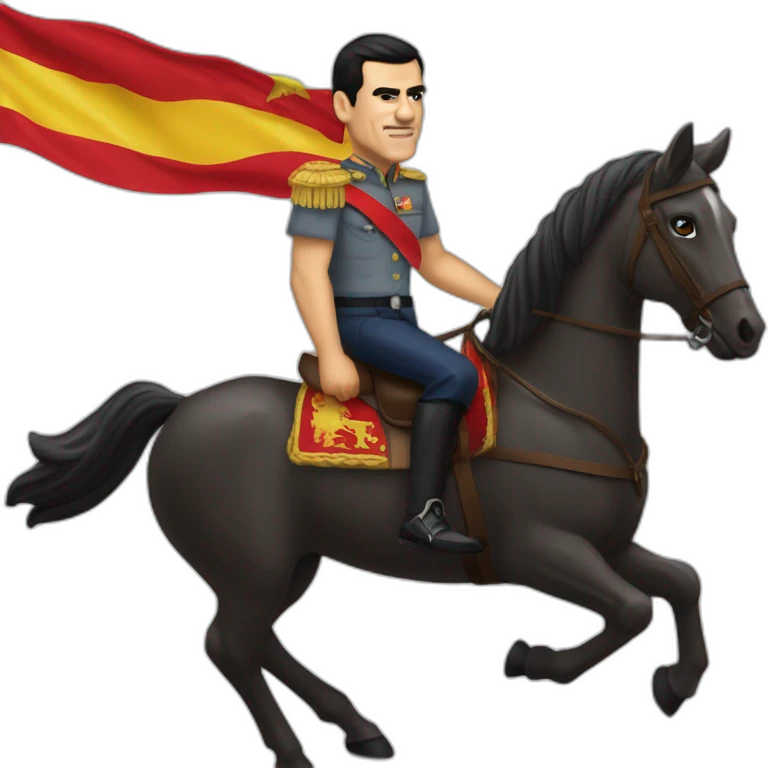 Pedro Sánchez subido a caballo envuelto en la bandera de España emoji