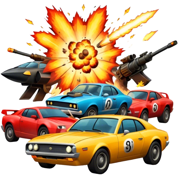 Icon for Action Movies Collage: Collage of iconic action movie elements, including explosions, a hero with weapons, a high-speed chase, and dramatic fight scenes. The design should be dynamic, colorful, and full of energy, capturing the essence of action films. Transparent background. emoji