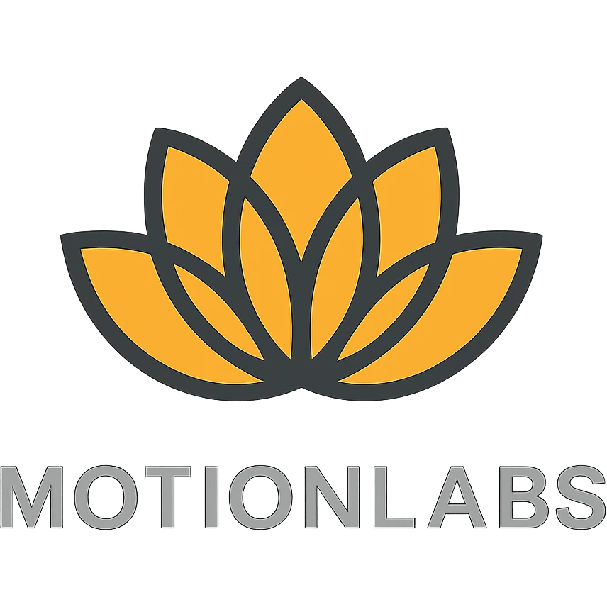ultra luxury logo for MotionLabs with a stylized lotus icon, colors #ffa31a, #808080, #292929, #1b1b1b, #ffffff, dark background emoji